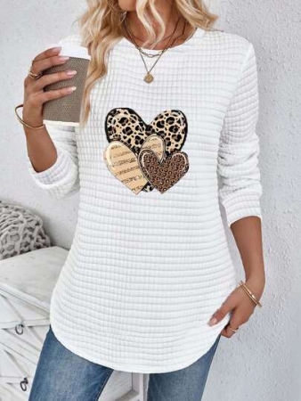 EMERY ROSE Vintage Casual White Sweatshirt With Round Neck, Small Plaid, Leopard Print Heart Pattern, Curved Hemline And Side Slits, Suitable For Autumn/Winter