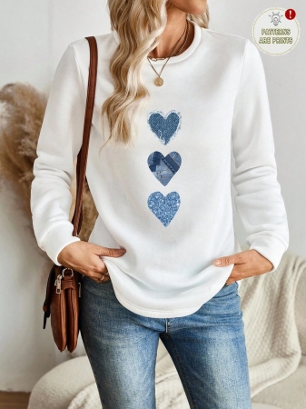EMERY ROSE Vintage Casual White Sweatshirt With Round Neck, Small Plaid, Leopard Print Heart Pattern, Curved Hemline And Side Slits, Suitable For Autumn/Winter - Image 2