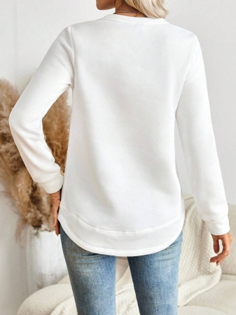 EMERY ROSE Vintage Casual White Sweatshirt With Round Neck, Small Plaid, Leopard Print Heart Pattern, Curved Hemline And Side Slits, Suitable For Autumn/Winter - Image 3