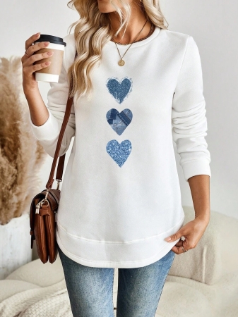 EMERY ROSE Vintage Casual White Sweatshirt With Round Neck, Small Plaid, Leopard Print Heart Pattern, Curved Hemline And Side Slits, Suitable For Autumn/Winter - Image 4