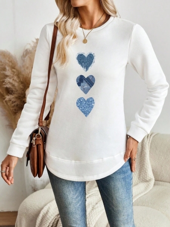 EMERY ROSE Vintage Casual White Sweatshirt With Round Neck, Small Plaid, Leopard Print Heart Pattern, Curved Hemline And Side Slits, Suitable For Autumn/Winter - Image 5