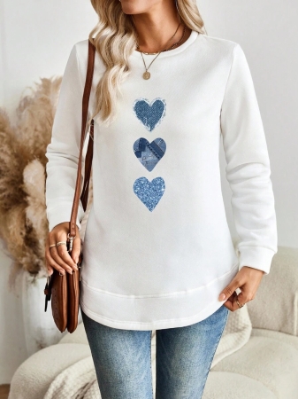 EMERY ROSE Vintage Casual White Sweatshirt With Round Neck, Small Plaid, Leopard Print Heart Pattern, Curved Hemline And Side Slits, Suitable For Autumn/Winter - Image 6