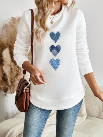 EMERY ROSE Vintage Casual White Sweatshirt With Round Neck, Small Plaid, Leopard Print Heart Pattern, Curved Hemline And Side Slits, Suitable For Autumn/Winter - Image 7