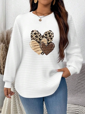 EMERY ROSE Vintage Casual White Sweatshirt With Round Neck, Small Plaid, Leopard Print Heart Pattern, Curved Hemline And Side Slits, Suitable For Autumn/Winter - Image 11