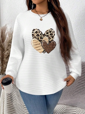 EMERY ROSE Vintage Casual White Sweatshirt With Round Neck, Small Plaid, Leopard Print Heart Pattern, Curved Hemline And Side Slits, Suitable For Autumn/Winter - Image 14