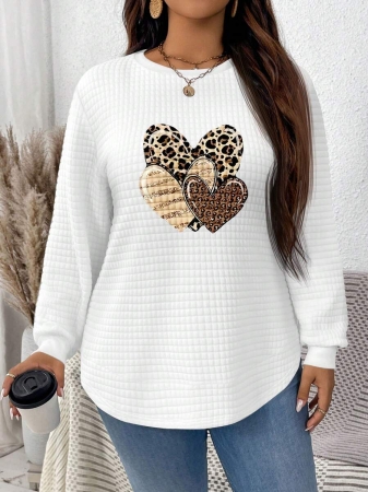 EMERY ROSE Vintage Casual White Sweatshirt With Round Neck, Small Plaid, Leopard Print Heart Pattern, Curved Hemline And Side Slits, Suitable For Autumn/Winter - Image 17