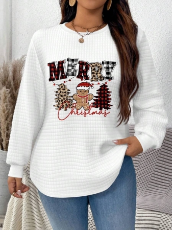 EMERY ROSE Vintage Casual White Sweatshirt With Round Neck, Small Plaid, Leopard Print Heart Pattern, Curved Hemline And Side Slits, Suitable For Autumn/Winter - Image 18