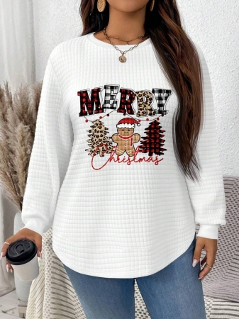 EMERY ROSE Vintage Casual White Sweatshirt With Round Neck, Small Plaid, Leopard Print Heart Pattern, Curved Hemline And Side Slits, Suitable For Autumn/Winter - Image 20