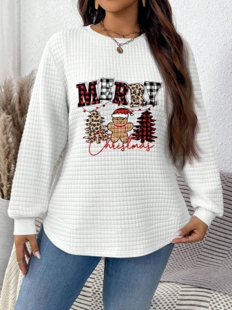 EMERY ROSE Vintage Casual White Sweatshirt With Round Neck, Small Plaid, Leopard Print Heart Pattern, Curved Hemline And Side Slits, Suitable For Autumn/Winter - Image 22