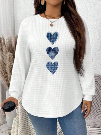 EMERY ROSE Vintage Casual White Sweatshirt With Round Neck, Small Plaid, Leopard Print Heart Pattern, Curved Hemline And Side Slits, Suitable For Autumn/Winter - Image 28