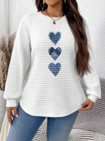 EMERY ROSE Vintage Casual White Sweatshirt With Round Neck, Small Plaid, Leopard Print Heart Pattern, Curved Hemline And Side Slits, Suitable For Autumn/Winter - Image 30