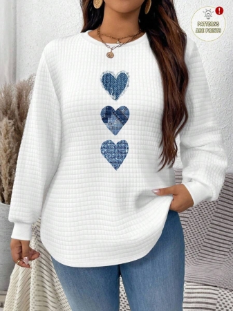 EMERY ROSE Vintage Casual White Sweatshirt With Round Neck, Small Plaid, Leopard Print Heart Pattern, Curved Hemline And Side Slits, Suitable For Autumn/Winter - Image 31