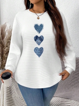 EMERY ROSE Vintage Casual White Sweatshirt With Round Neck, Small Plaid, Leopard Print Heart Pattern, Curved Hemline And Side Slits, Suitable For Autumn/Winter - Image 32