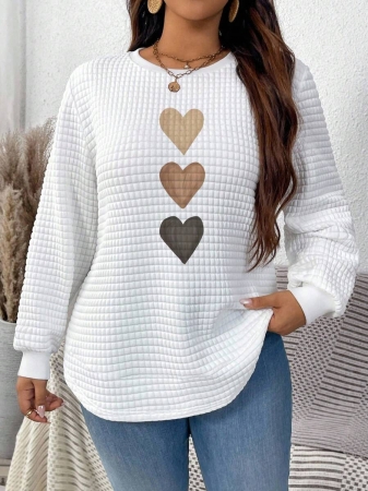 EMERY ROSE Vintage Casual White Sweatshirt With Round Neck, Small Plaid, Leopard Print Heart Pattern, Curved Hemline And Side Slits, Suitable For Autumn/Winter - Image 33