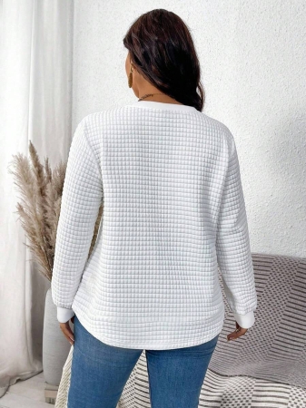 EMERY ROSE Vintage Casual White Sweatshirt With Round Neck, Small Plaid, Leopard Print Heart Pattern, Curved Hemline And Side Slits, Suitable For Autumn/Winter - Image 34