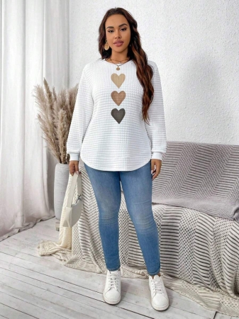 EMERY ROSE Vintage Casual White Sweatshirt With Round Neck, Small Plaid, Leopard Print Heart Pattern, Curved Hemline And Side Slits, Suitable For Autumn/Winter - Image 36