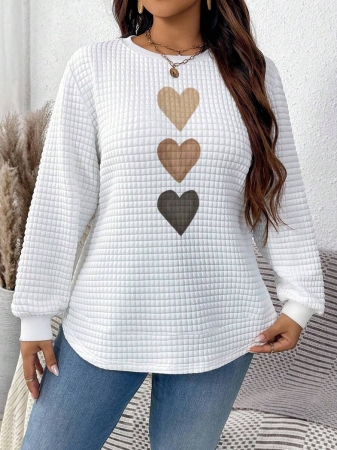 EMERY ROSE Vintage Casual White Sweatshirt With Round Neck, Small Plaid, Leopard Print Heart Pattern, Curved Hemline And Side Slits, Suitable For Autumn/Winter - Image 37