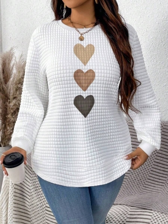 EMERY ROSE Vintage Casual White Sweatshirt With Round Neck, Small Plaid, Leopard Print Heart Pattern, Curved Hemline And Side Slits, Suitable For Autumn/Winter - Image 38