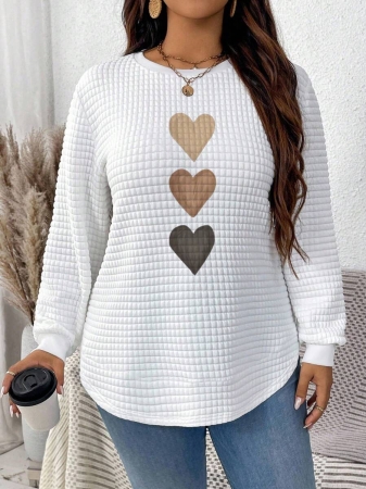 EMERY ROSE Vintage Casual White Sweatshirt With Round Neck, Small Plaid, Leopard Print Heart Pattern, Curved Hemline And Side Slits, Suitable For Autumn/Winter - Image 39