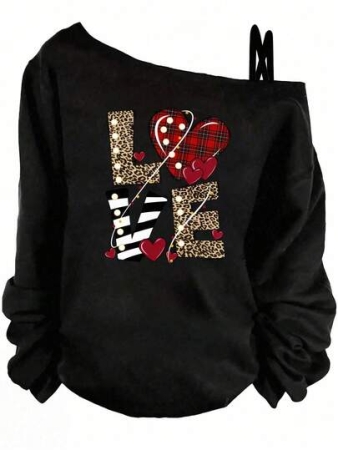 EMERY ROSE Casual Vintage Love Heart & Leopard Print, Plaid Pattern Exposed Shoulder Long Sleeve T-Shirt For Women, Comfortable For Autumn/Winter