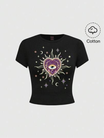 ROMWE Goth Gothic Heart, Purple, Dark, Mysterious Eye, Gem Tear, Sun & Moon Design IP Graphic Black Slim Fit Women T-Shirt