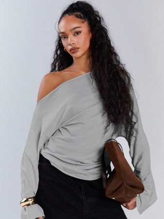 Athîral Women's Polka Dot Print Oblique Shoulder Long Sleeve Cropped Fashionable T-Shirt - Image 15