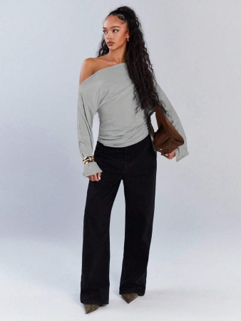 Athîral Women's Polka Dot Print Oblique Shoulder Long Sleeve Cropped Fashionable T-Shirt - Image 17