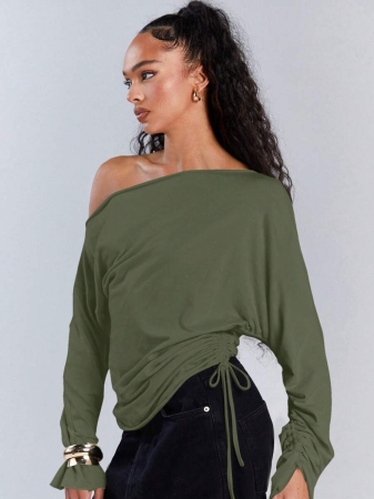 Athîral Women's Polka Dot Print Oblique Shoulder Long Sleeve Cropped Fashionable T-Shirt - Image 23