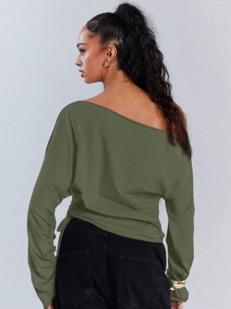 Athîral Women's Polka Dot Print Oblique Shoulder Long Sleeve Cropped Fashionable T-Shirt - Image 28