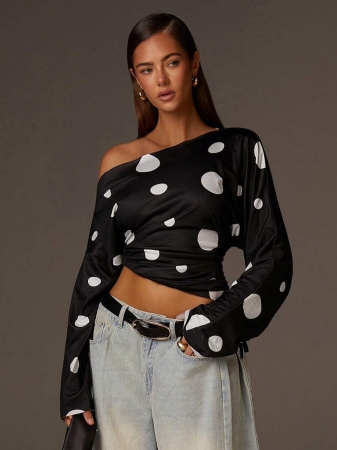 Athîral Women's Polka Dot Print Oblique Shoulder Long Sleeve Cropped Fashionable T-Shirt - Image 29