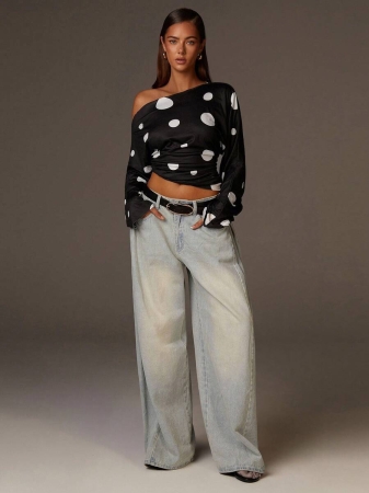 Athîral Women's Polka Dot Print Oblique Shoulder Long Sleeve Cropped Fashionable T-Shirt - Image 32