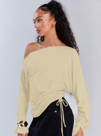 Athîral Women's Polka Dot Print Oblique Shoulder Long Sleeve Cropped Fashionable T-Shirt - Image 35