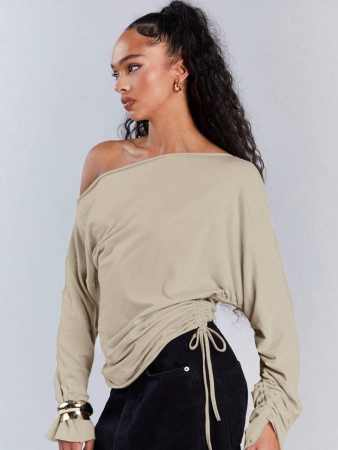 Athîral Women's Polka Dot Print Oblique Shoulder Long Sleeve Cropped Fashionable T-Shirt - Image 42