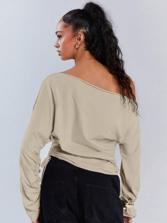 Athîral Women's Polka Dot Print Oblique Shoulder Long Sleeve Cropped Fashionable T-Shirt - Image 47