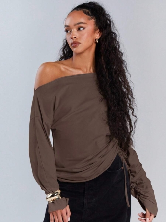 Athîral Women's Polka Dot Print Oblique Shoulder Long Sleeve Cropped Fashionable T-Shirt - Image 52