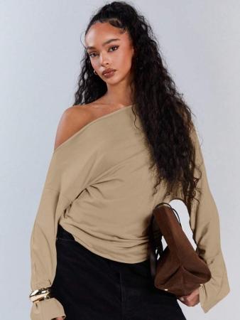 Athîral Women's Polka Dot Print Oblique Shoulder Long Sleeve Cropped Fashionable T-Shirt - Image 55