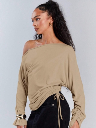 Athîral Women's Polka Dot Print Oblique Shoulder Long Sleeve Cropped Fashionable T-Shirt - Image 56