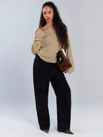 Athîral Women's Polka Dot Print Oblique Shoulder Long Sleeve Cropped Fashionable T-Shirt - Image 58