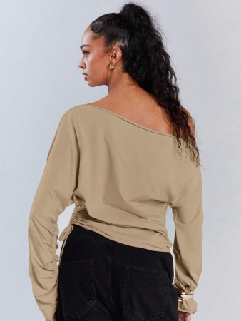 Athîral Women's Polka Dot Print Oblique Shoulder Long Sleeve Cropped Fashionable T-Shirt - Image 61