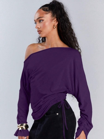 Athîral Women's Polka Dot Print Oblique Shoulder Long Sleeve Cropped Fashionable T-Shirt - Image 63