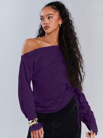 Athîral Women's Polka Dot Print Oblique Shoulder Long Sleeve Cropped Fashionable T-Shirt - Image 66