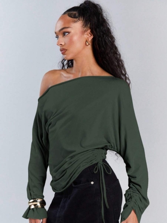 Athîral Women's Polka Dot Print Oblique Shoulder Long Sleeve Cropped Fashionable T-Shirt - Image 77