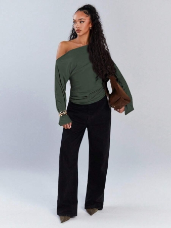 Athîral Women's Polka Dot Print Oblique Shoulder Long Sleeve Cropped Fashionable T-Shirt - Image 78