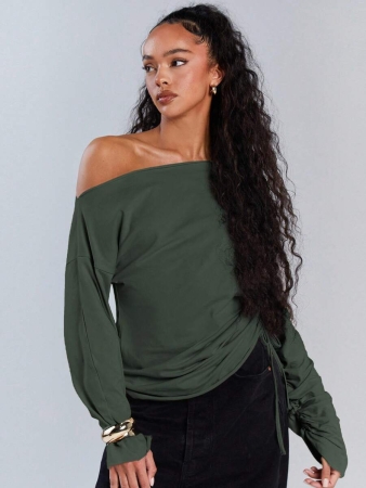 Athîral Women's Polka Dot Print Oblique Shoulder Long Sleeve Cropped Fashionable T-Shirt - Image 80