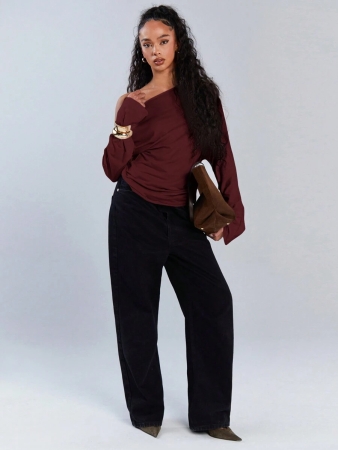 Athîral Women's Polka Dot Print Oblique Shoulder Long Sleeve Cropped Fashionable T-Shirt - Image 86