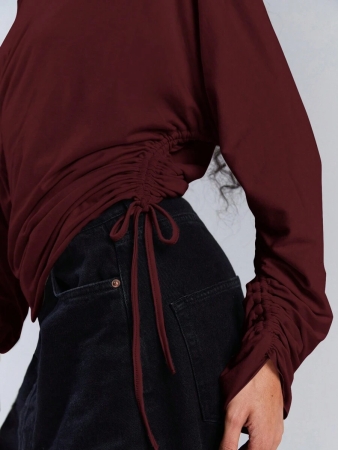 Athîral Women's Polka Dot Print Oblique Shoulder Long Sleeve Cropped Fashionable T-Shirt - Image 88