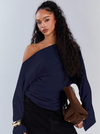 Athîral Women's Polka Dot Print Oblique Shoulder Long Sleeve Cropped Fashionable T-Shirt - Image 90