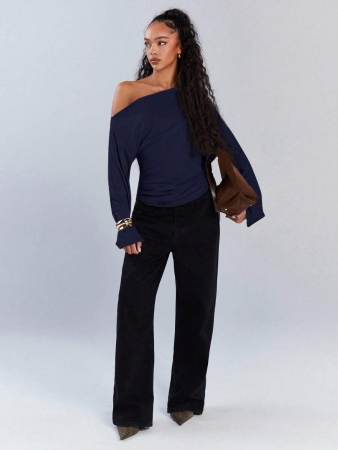 Athîral Women's Polka Dot Print Oblique Shoulder Long Sleeve Cropped Fashionable T-Shirt - Image 92