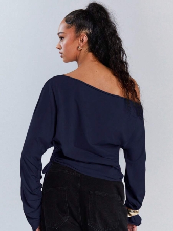 Athîral Women's Polka Dot Print Oblique Shoulder Long Sleeve Cropped Fashionable T-Shirt - Image 96