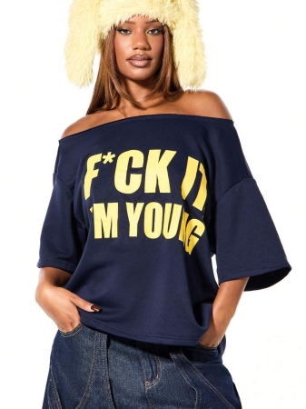 SUMWON WOMEN Oversized Off Shoulder Boxy Graphic Top - Image 2